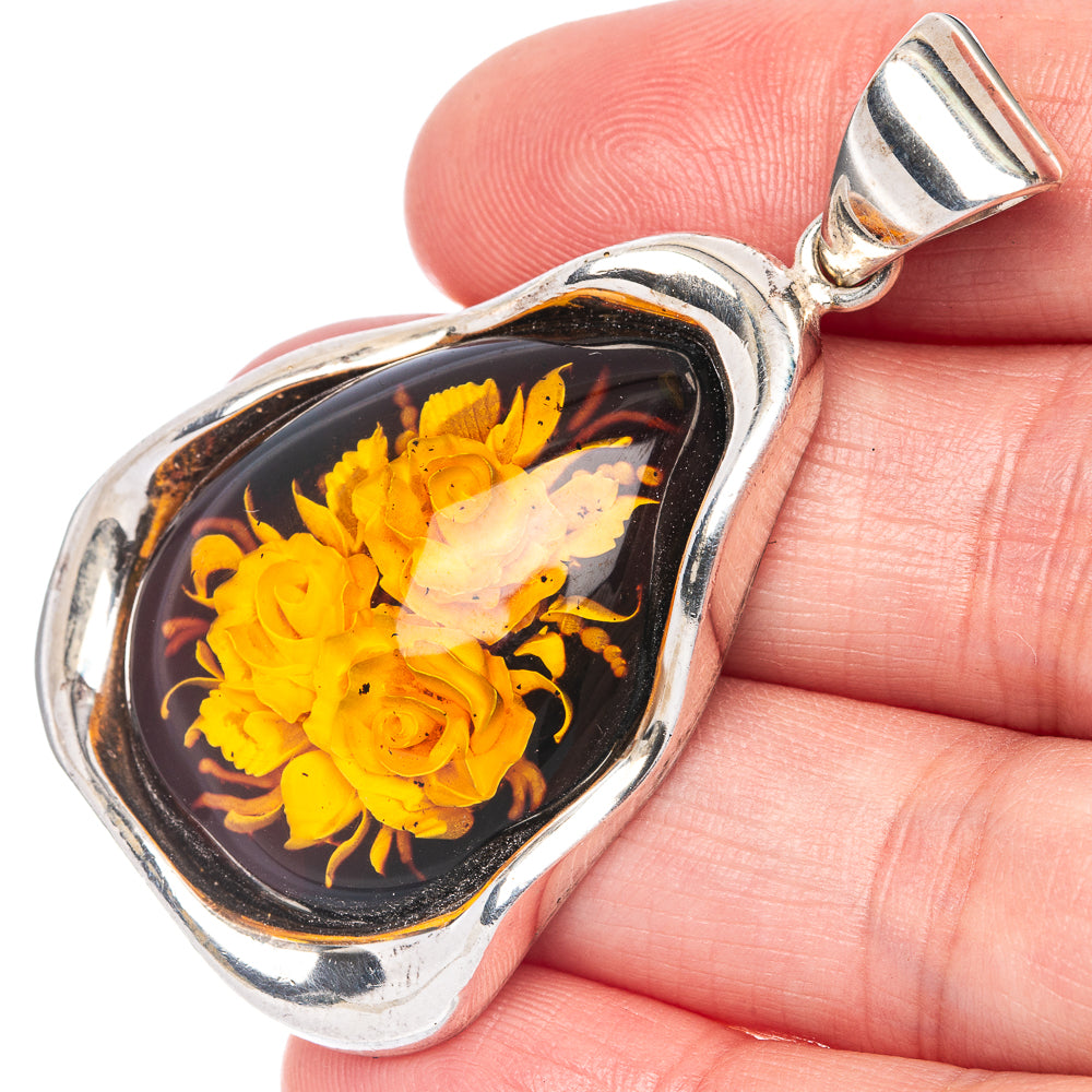 Ana Silver Co Baltic Amber Cameo Pendant 2 1/8" (925 Sterlnig Silver)