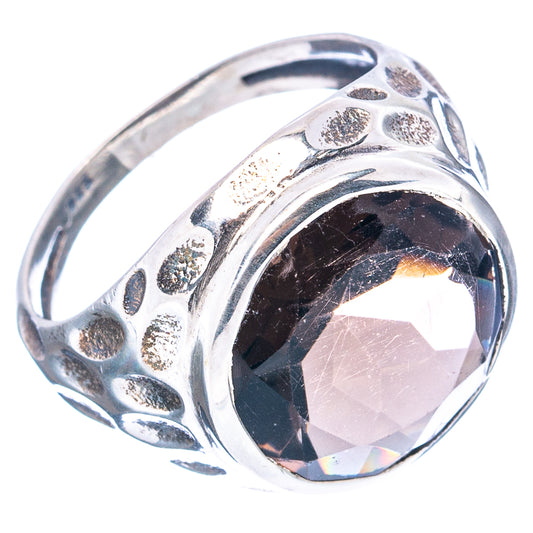 Smoky quartz oval ring, .925 sterling silver, faceted dark stone set in textured bezel