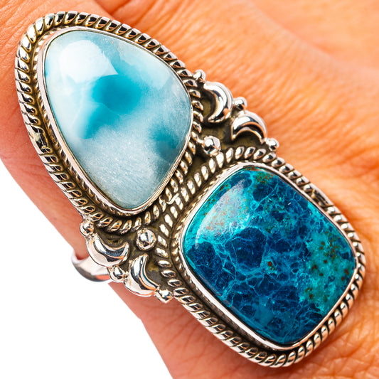 Sterling silver ring with two oval blue stones in ornate bezel setting, size 9