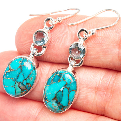 Blue Copper Composite Turquoise, Blue Topaz Earrings 1 5/8" (925 Sterling Silver) E432567