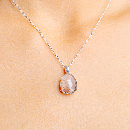 Sterling silver chain necklace with teardrop faceted cacoxenite stone pendant