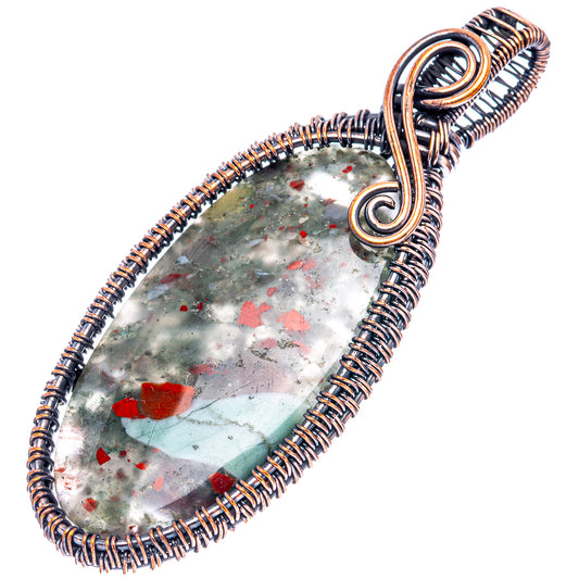 Oxidized copper wire-wrap pendant with teardrop bloodstone, red flecks on gray-green surface