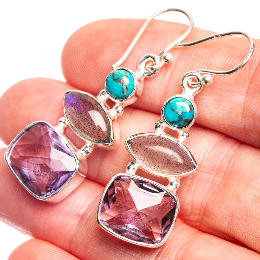 Amethyst, Labradorite, Blue Copper Composite Turquoise Earrings 1 5/8" (925 Sterling Silver) E432710