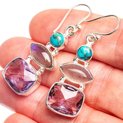 Amethyst, Labradorite, Blue Copper Composite Turquoise Earrings 1 5/8" (925 Sterling Silver) E432710