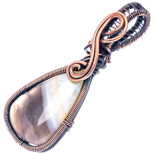 Oxidized copper wire-wrapped teardrop banded agate pendant, looped frame