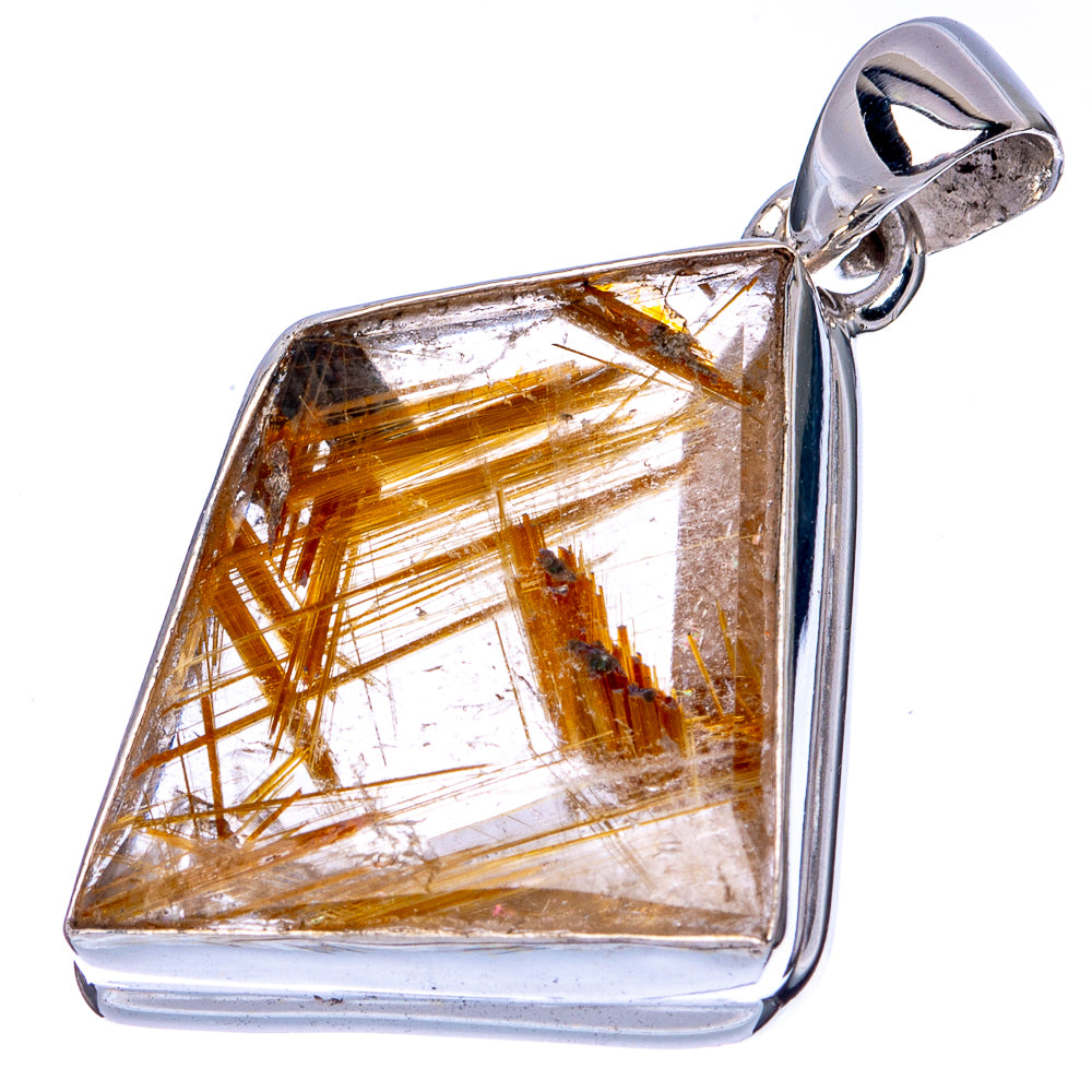 Triangular sterling silver pendant with golden rutile stone and shiny bail loop