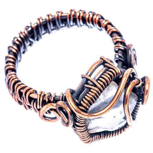 Oxidized copper wire-wrap ring, square white quartz bezel and open back loops