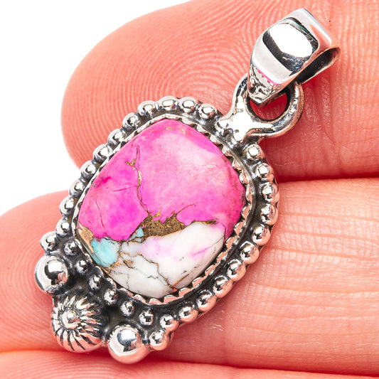 Oval turquoise and pink gemstone pendant in .925 sterling silver bezel, bead border