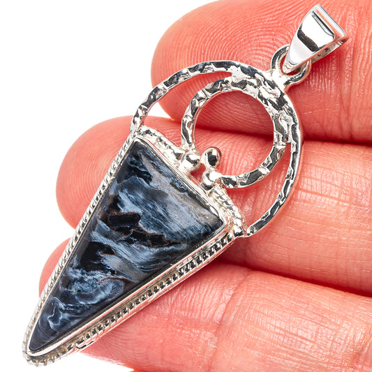 Sterling silver Pietersite pendant with dark blue-gray teardrop stone and openwork bail