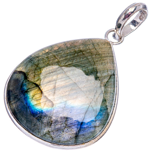 Silver-plated labradorite teardrop pendant, green-gray stone with blue flash and bail