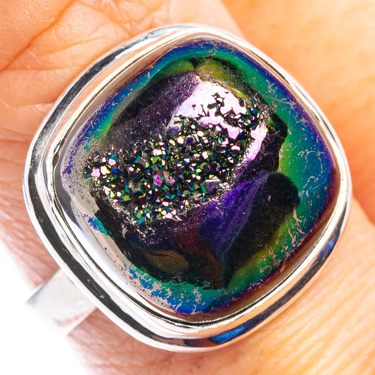 Sterling silver drusy gemstone oval ring with rainbow iridescent glitter center