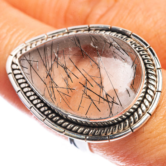 Large Tourmalinated Quartz 925 Sterling Silver Ring Size 8.5