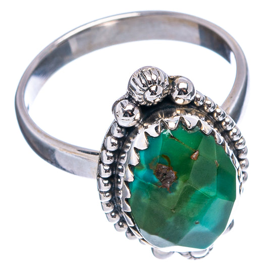 Sterling silver ring with oval green turquoise stone, scalloped beaded band