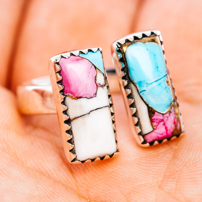 Sterling silver rectangular ring with turquoise and pink mosaic inlay, zigzag bezel edge