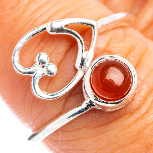 Sterling silver heart dainty ring with red carnelian cabochon stone