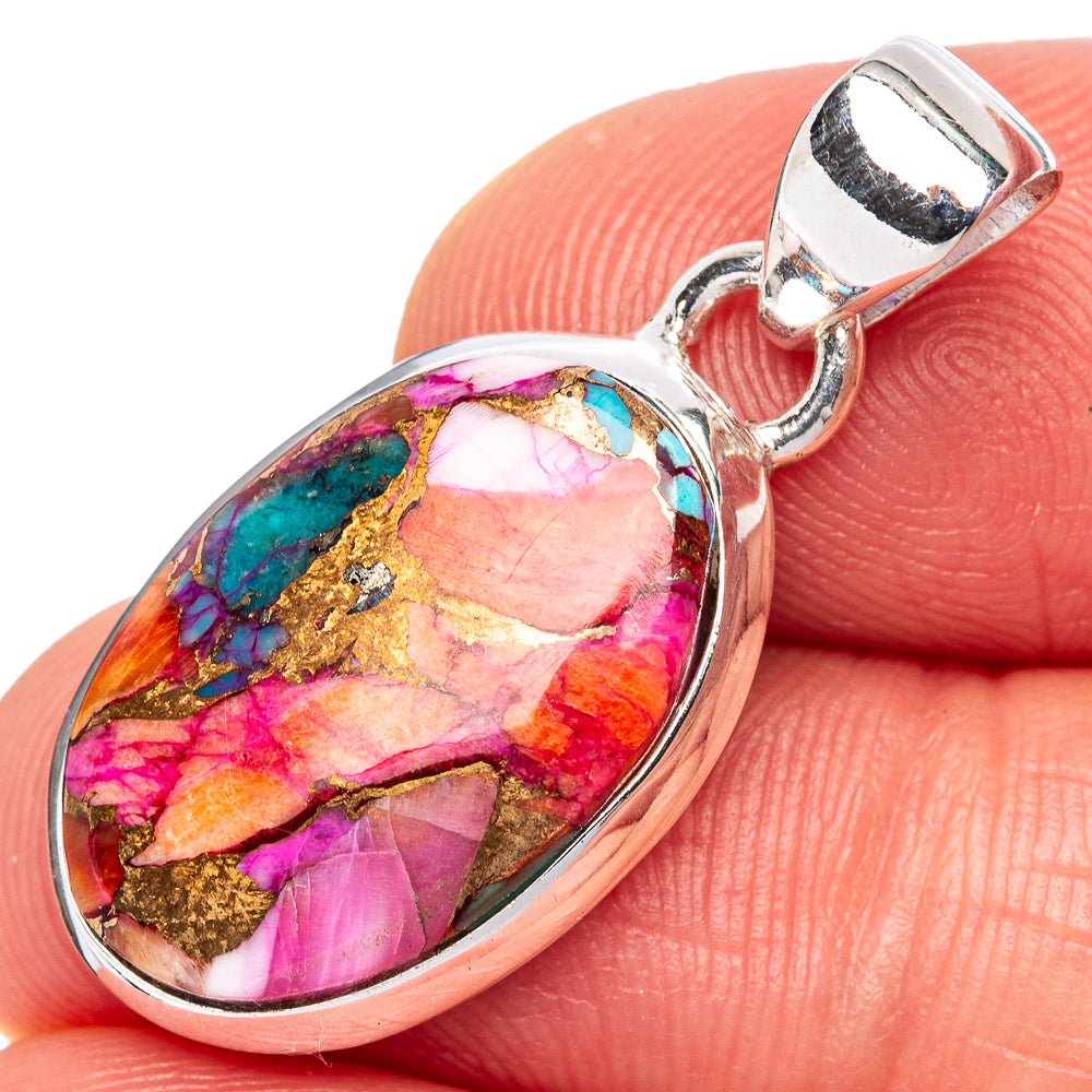 Sterling silver teardrop pendant with pink, turquoise, orange mosaic stone and bail