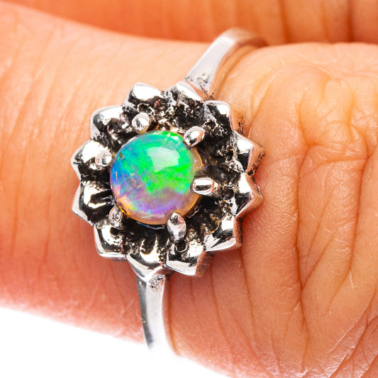 Sterling silver opal cluster ring with round fire-color center, size 6