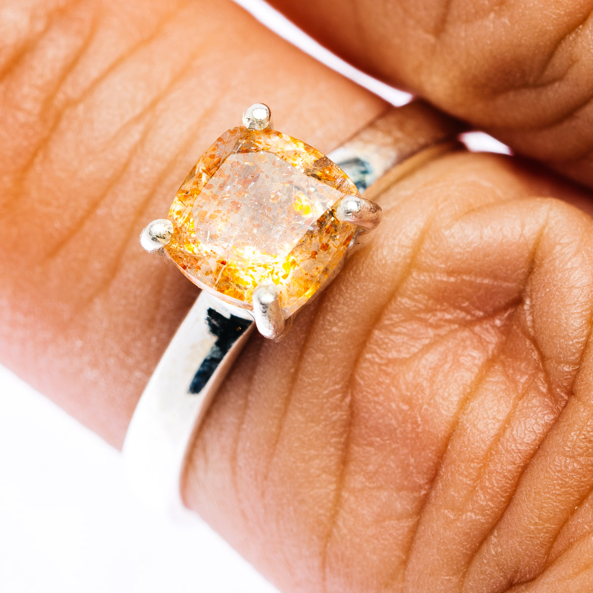 Faceted Confetti Sunstone Ring Size 6.75 (.925 Sterling Silver)