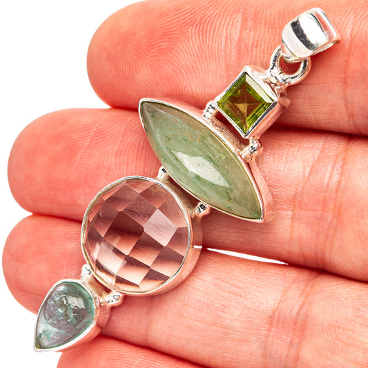 925 sterling silver pendant with three green gemstone charms, marquise and round faceted bezels