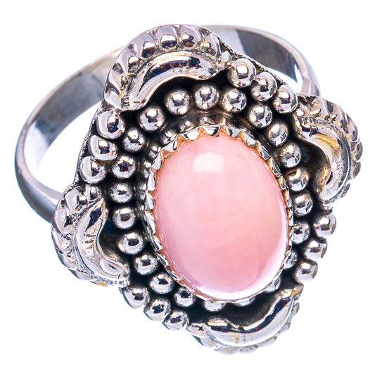 Pink opal oval ring, .925 sterling silver band with raised beaded frame detail
