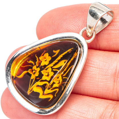 Amber Intaglio Flower Pendant 1 5/8" (925 Sterling Silver) P42574