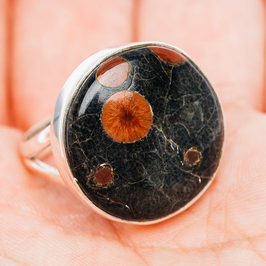 Sterling silver obsidian ring with round dark stone and orange inlay, size 9.5
