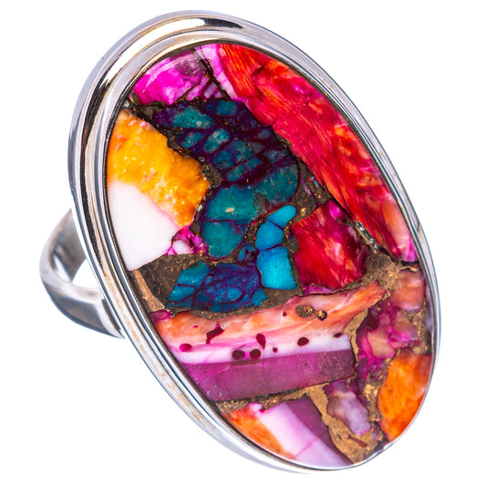 Sterling silver oval ring with multicolor mosaic inlay in red, turquoise, pink, orange