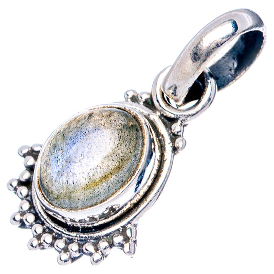 Oval labradorite gemstone pendant with .925 sterling silver bezel, top bail and bead trim