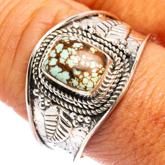 Turquoise cabochon sterling silver ring with ornate leaf and beadwork details