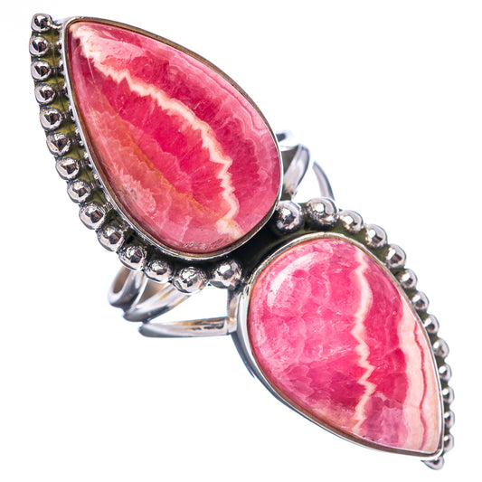 Double teardrop rhodochrosite ring, .925 sterling silver with two pink oval stones