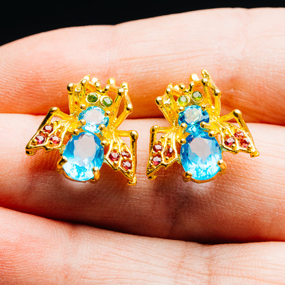 Swiss Blue Topaz, Rhodolite Garnet, Peridot Bee Earrings 3/4" (.925 Sterling Silver) 24k Gold Plated