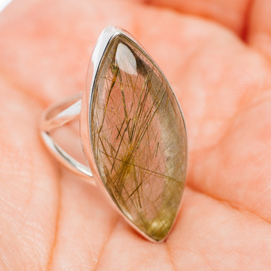 Sterling silver rutilated quartz ring (7.5), oval cabochon with fine green needles