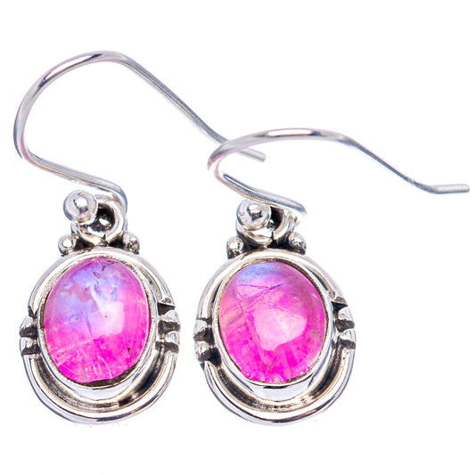 Pink moonstone earrings in .925 sterling silver, oval cabochon with fishhook backs