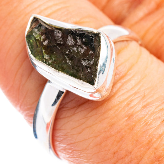 Sterling silver ring with faceted green moldavite teardrop stone, size 9