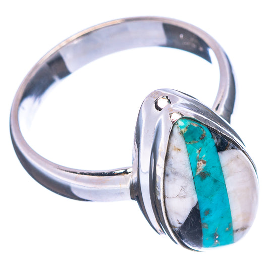 Sterling silver band ring with turquoise oval inlaid cabochon
