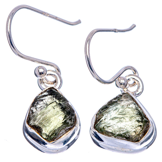 Sterling silver moldavite drop earrings, rough green teardrop stones and hooks