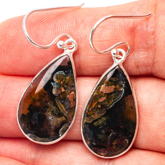 Sterling silver teardrop tube agate earrings with fishhook earwires, dark marbled stone