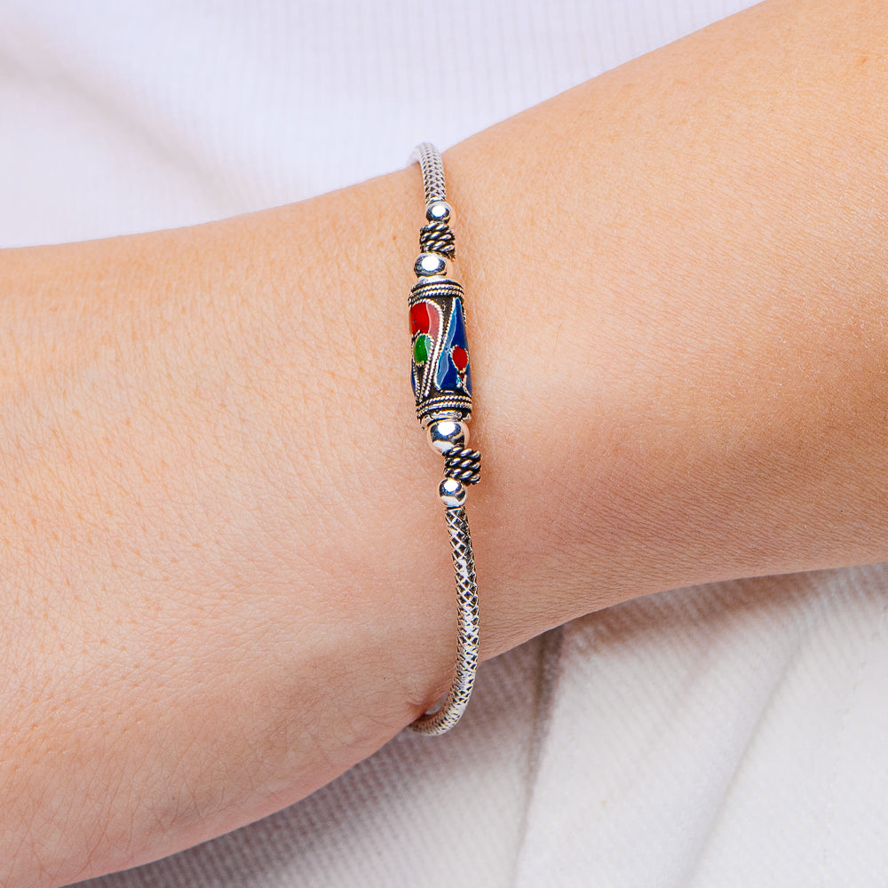 Tibetan Style Enamel Bead Bracelet 6 3/4" (.925 Sterling Silver)