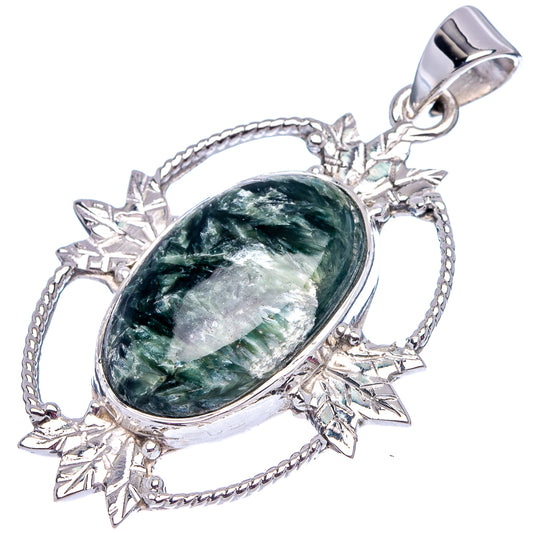 Green seraphinite oval pendant in .925 sterling silver with loop bail and chain links