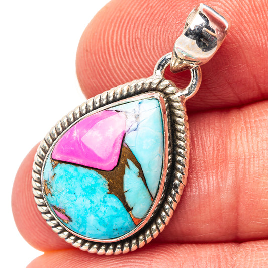 Turquoise and pink inlay pendant with .925 sterling silver bail and frame