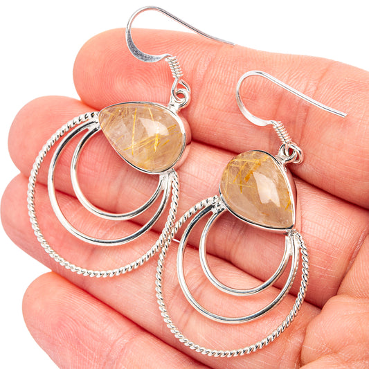 Rutilated quartz oval drop earrings with silver hoops and chain accents, sterling silver hooks