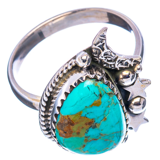 Sterling silver turquoise teardrop ring with ornate leaf setting, size 7