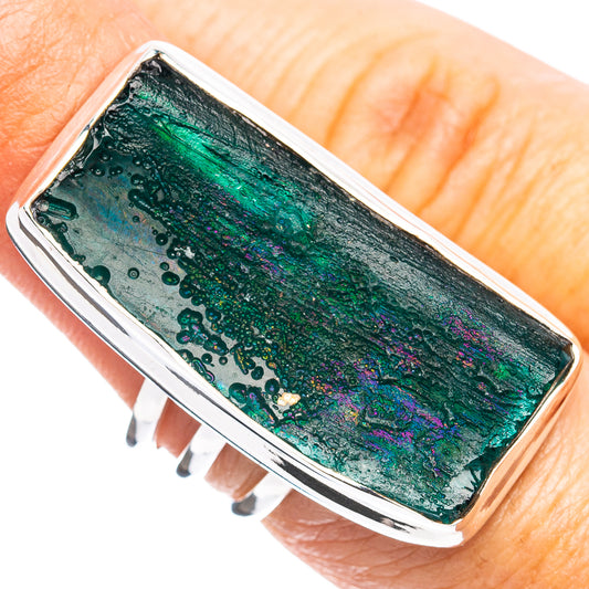 Roman glass ring, .925 sterling silver bezel with green-blue iridescent rectangular stone
