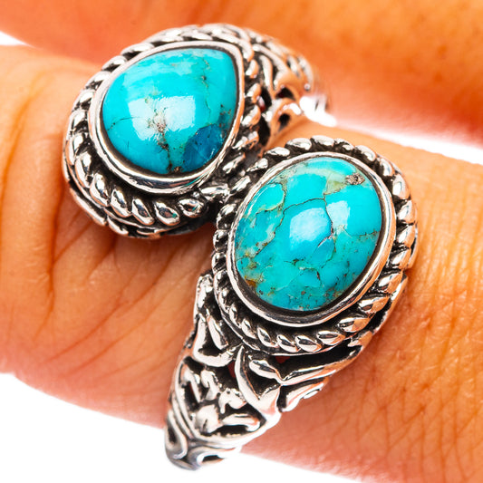 Turquoise oval cabochon sterling silver ring with ornate twisted setting, size 8.75