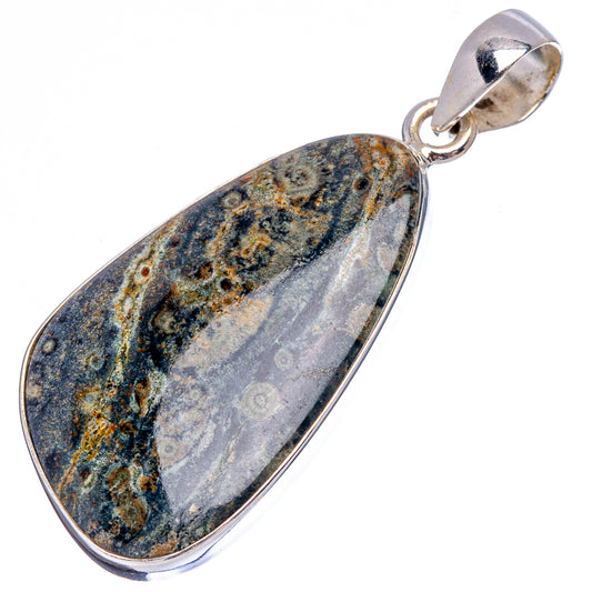 Teardrop-like oval jasper pendant, .925 sterling silver bezel, blue and dark speckles
