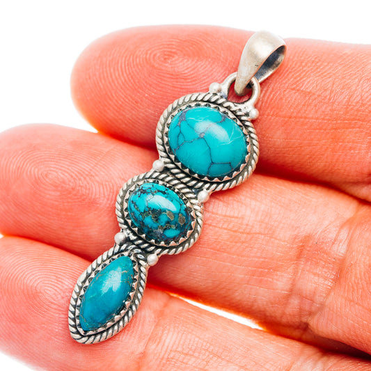 Southwestern Style Tibetan Turquoise Pendant 1 3/4" (.925 Sterling Silver)