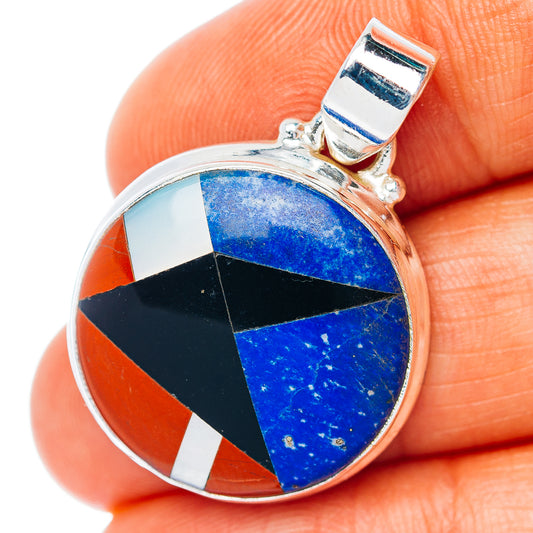 Multi-Gemstone Inlay Pendant 1 1/4" (.925 Sterling Silver)