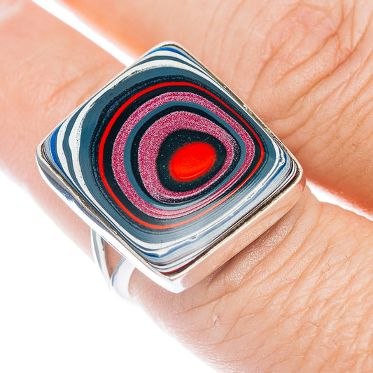 Sterling silver ring with square face, concentric blue black red stripes and red center