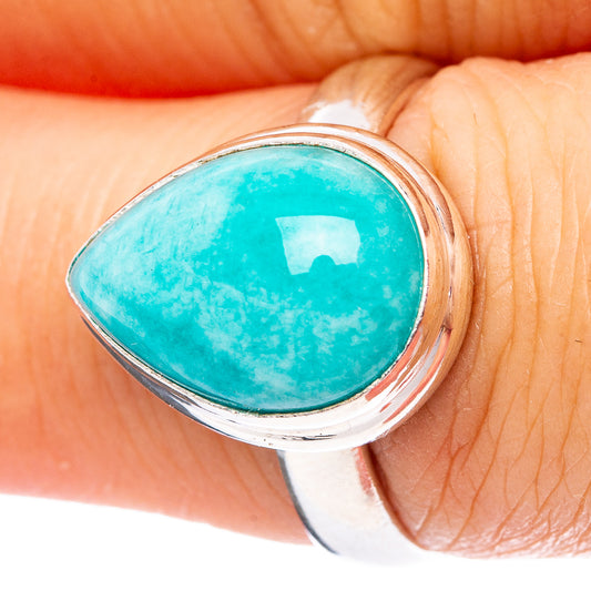 Sterling silver amazonite ring with oval blue-green cabochon gemstone, close-up