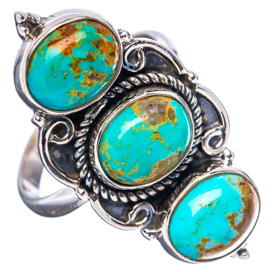 Adjustable .925 sterling silver ring with three oval turquoise stones and rope bezel